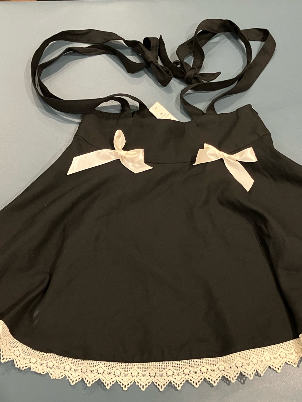 Hot Topic Women’s Black Maid Costume Skirt with Straps White Bows and Lace Trim